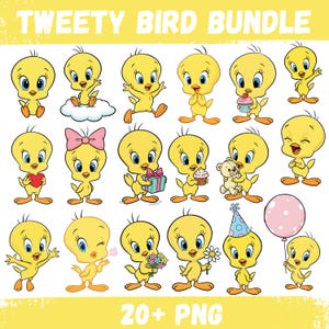 Tweety Bird 20+ PNG Clipart-paket | Söt tecknad transparent grafik för klistermärken Scrapbook-pyssel DIY-paket direktnedladdning