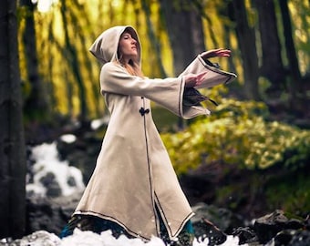 Manteau en laine White Sorceress Waterbending Master avec grande capuche elfique