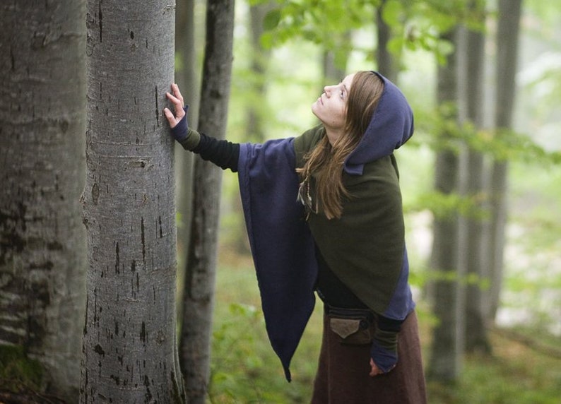 Forest Blue Green Elven Shawl Robe with Brooch and Elf Gloves image 1