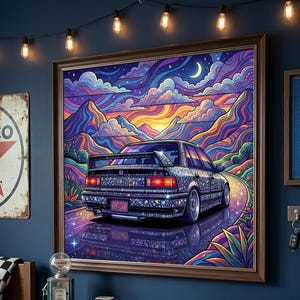 8K+ Bedazzled JDM Sedan Groovey Cosmic Mountain Road Art Masterpiece | High-Quality PNG SVG Vector Graphic Digital Print | 400DPI 1:1 Ratio.