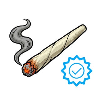 Pode incluir: Ilustração de um baseado de cannabis aceso, com fumaça cinza subindo. O baseado é retratado com um papel bege e uma brasa laranja brilhante. Uma estrela azul com uma marca de verificação está no canto inferior direito.