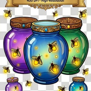 May include: Illustration of three glass jars in purple, blue, and green, each containing glowing fireflies. The jars have ornate lids and are surrounded by additional fireflies. The image includes text: "Massive Dimensions: 9,956 x 13,156 pixels 400 DPI - High-Resolution."