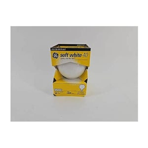 May include: A soft white 40-watt light bulb in a yellow and black box. The box has the words "soft white 40" printed on it, along with the GE logo. The light bulb is white and round.