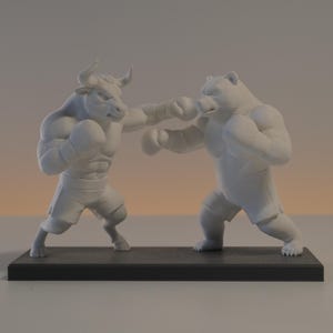 May include: A white matte figurine depicting a bull and a bear engaged in a boxing match. Both figures are muscular, wearing boxing shorts and gloves, and are positioned on a rectangular black base. The bull is throwing a punch at the bear.
