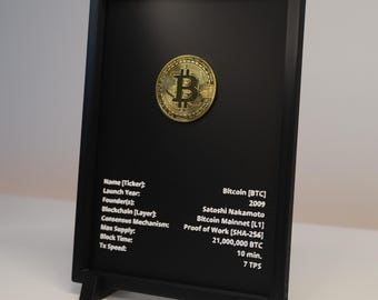 May include: A black framed display featuring a gold Bitcoin coin centered above white text detailing specifications including Name, Launch Year, Founder, Blockchain, Consensus Mechanism, Max Supply, Block Time, and Tx Speed on a black background.