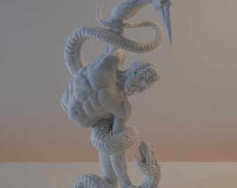 May include: A matte white 3D printed figurine depicting a muscular figure in a dynamic pose, entwined by a large serpent. The figure holds a dagger raised above its head, while the snake coils around the body and legs of the central character.