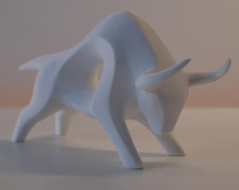 May include: A matte white bull figurine featuring a stylized, geometric design with smooth, flowing lines. The sculpture depicts the animal in a lowered, charging stance with prominent horns, a muscular arched back, and four legs planted firmly.
