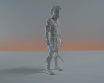 May include: A matte white figurine of a warrior standing in profile. The figure wears a crested helmet, segmented armor, and greaves, while holding a long sword pointing downward. The sculpture features detailed musculature and historical attire.
