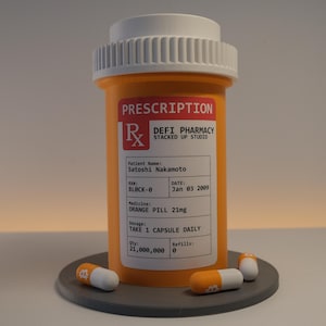 Peut inclure: Un flacon de médicament orange en plastique avec un bouchon blanc et une étiquette indiquant PRESCRIPTION, DEFI PHARMACY, STACKED UP STUDIO, Patient Name: Satoshi Nakamoto, BLOCK-0, Jan 03 2009, ORANGE PILL 21mg, TAKE 1 CAPSULE DAILY, Qty: 21,000,000, Refills: 0.