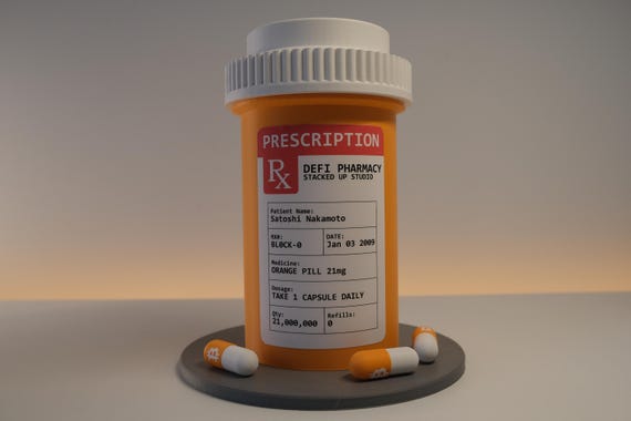 Bitcoin Prescription Bottle – Take The Orange Pill | Satoshi Nakamoto Pill Bottle Decor |  Crypto Gift