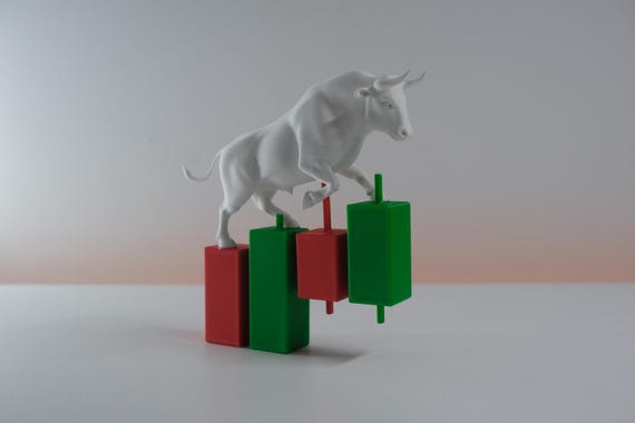 Wall Street Bull Statue on Candlestick Chart – Stock Market Desk Decor | Trader Gift | 3D Printed Bull Sculpture