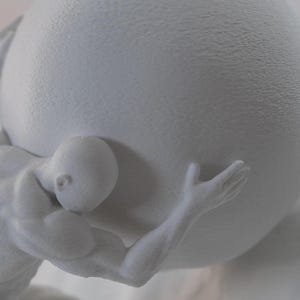 May include: A matte white 3D printed sculpture depicting a muscular human figure in a crouched position, holding a large sphere above its head with both arms. The surface of the figure and the sphere shows a fine, textured, layered finish.