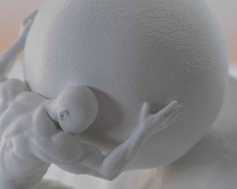 May include: A matte white 3D printed sculpture depicting a muscular human figure in a crouched position, holding a large sphere above its head with both arms. The surface of the figure and the sphere shows a fine, textured, layered finish.