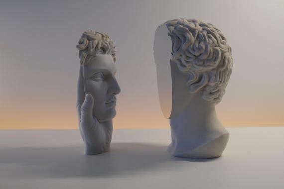 Self Reflection Bust Set – Mirror Face Greek Sculpture | Stoic Desk Decor | Know Thyself Statue | Philosophy Gift