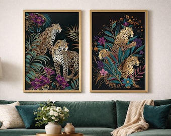 Stampa artistica da parete con leopardo e tigre, fauna selvatica botanica, arredamento di lusso nei toni dei gioielli