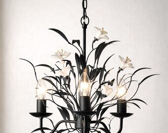 Floral Iron Chandelier, Lily Design chandelier, Matte Black, Candle Style Hanging Light Fixture
