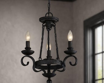 Vintage Black Iron Chandelier, Rustic Farmhouse Lighting, 3 Light Candle Style Pendant