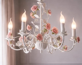 White Floral Chandelier with Pink Roses, Vintage Style Candle Light Fixture