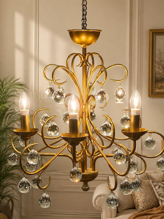 Vintage-Kronleuchter aus goldenem Kristall, elegante Deckenleuchte