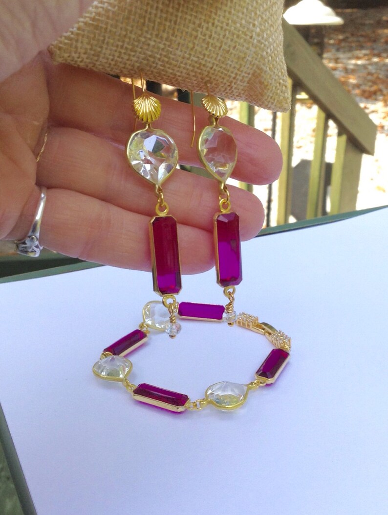 Fushia and clear heart matching Bracelet and Earring set