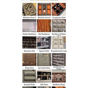 May include: Image showcasing various storage box compartments. Options include areas for watches, necklaces, earrings, rings, bracelets, belts, and sunglasses. Text reads: "PLEASE CHOOSE YOUR PREFERRED FUNCTIONAL ZONE FOR EACH OF YOUR STORAGE BOXES."
