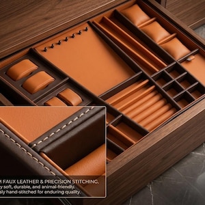 May include: Open wooden jewelry box with multiple compartments lined in brown and tan faux leather. The box features watch pillows, ring slots, and a large open area. The text in the image reads "PREMIUM FAUX LEATHER & PRECISION STITCHING."