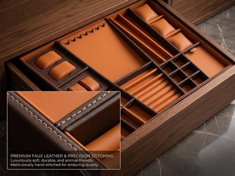 May include: Open wooden jewelry box with multiple compartments lined in brown and tan faux leather. The box features watch pillows, ring slots, and a large open area. The text in the image reads "PREMIUM FAUX LEATHER & PRECISION STITCHING."