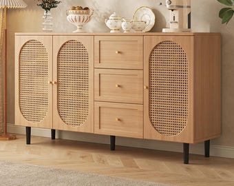 Custom Solid Wood Cabinet, Rattan Storage Cabinet, Modern Sideboard, Wooden Credenza, Living Room Cabinet, Entryway Furniture