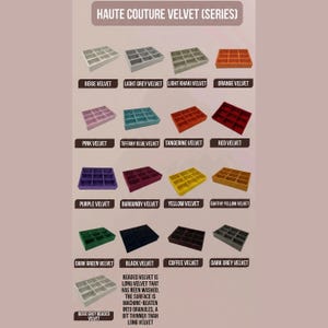 May include: A color chart showcasing various velvet swatches, including beige, pink, and orange, labeled with their respective names. The text "HAUTE COUTURE VELVET (SERIES)" is at the top. The chart also includes a description of beaded velvet.