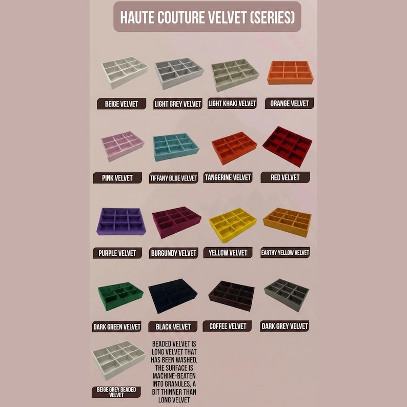 May include: A color chart showcasing various velvet swatches, including beige, pink, and orange, labeled with their respective names. The text "HAUTE COUTURE VELVET (SERIES)" is at the top. The chart also includes a description of beaded velvet.