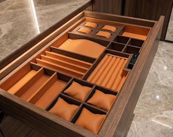Custom Size Leather Jewelry Drawer Organizer Insert, Ring Earring Necklace Storage Tray, Jewelry Organizer for Dresser