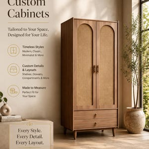 May include: A tall wooden cabinet with two doors featuring arched cane panels and two bottom drawers with gold-toned handles. The text reads: Custom Cabinets, Tailored to Your Space, Designed for Your Life, Timeless Styles, Custom Details & Layouts, Made to Measure, Every Style. Every Detail. Every Layout. Your Vision. Our Craftsmanship.