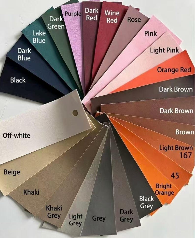 May include: A color palette fan featuring a variety of hues, including shades of blue, green, purple, red, pink, orange, brown, and gray. Each color is labeled with its name, such as "Dark Blue," "Wine Red," and "Bright Orange." The fan includes a range of materials.
