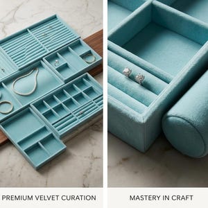 May include: A collection of light blue velvet jewelry organizers with various compartments, including ring slots and necklace holders. The text "PREMIUM VELVET CURATION" and "MASTERY IN CRAFT" are displayed below the organizers. The organizers are on a light-colored surface.