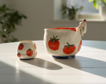 Tazón de matcha con forma de conejito de tomate hecho a mano / Diseño de conejo 3D con sombrero de tomate / Regalo único para amantes de la gastronomía / Regalo de cumpleaños / Regalo del Día de la Madre