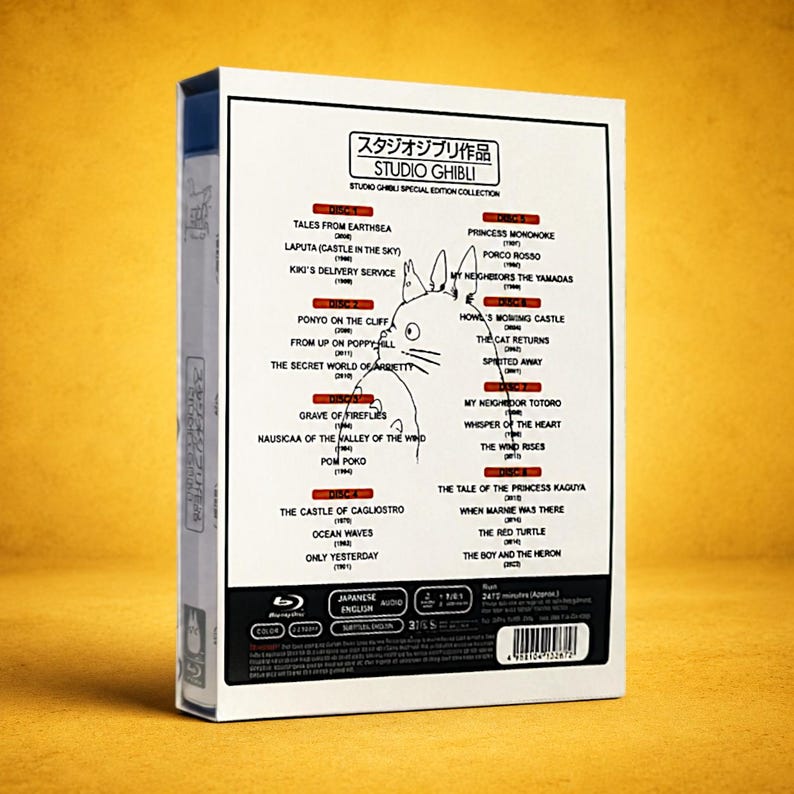 May include: Studio Ghibli Special Edition Collection Blu-ray box set. The white box features a list of animated film titles in English and Japanese, with a Totoro illustration. The box set includes Japanese and English audio options.