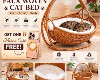Handmade Faux Woven Cat Bed | Waterproof Cozy Cave Nest, Stylish Pet Furniture