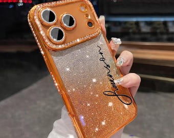 Personalized Starry Orange iPhone Case | Gradient Flash Diamond TPU