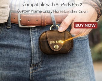 Personalized Leather Case Compatible with AirPods Pro 2 | Custom Name Crazy Horse Leather Cover