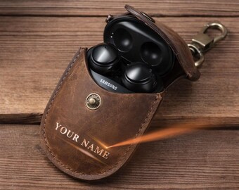 Personalized Leather Case for Samsung Galaxy Buds – Custom Name Earbuds Cover with Keychain