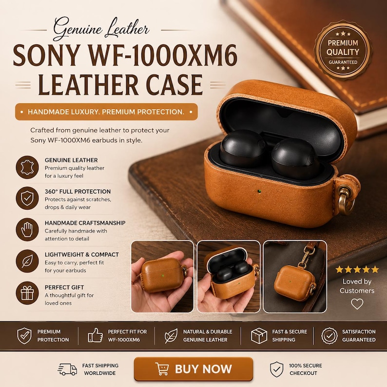 K&ouml;nnte beinhalten: Ein hellbraunes Echtlederetui f&uuml;r Sony WF-1000XM6 Ohrh&ouml;rer. Das Etui ist ge&ouml;ffnet und zeigt zwei schwarze Ohrh&ouml;rer im Inneren. Es verf&uuml;gt &uuml;ber einen kleinen Metallring an der Seite. Der Text auf dem Bild lautet Genuine Leather SONY WF-1000XM6 LEATHER CASE.