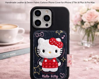 Luxury Denim Embroidered iPhone Case, Handmade Leather & Fabric Cartoon Phone Cover, Cute Heart Star Case for iPhone 17 Pro Max 16 15 Plus
