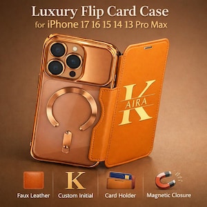 May include: A luxury flip card case for iPhone models 17 through 13 Pro Max. The case is gold-colored with a magnetic closure and a card holder. The front cover features the name "AIRA" and the initial "K". The case is made of faux leather.