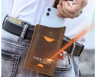 Personalized Leather Phone Belt Bag | Custom Name Waist Holster for iPhone | Men Loop Phone Case
