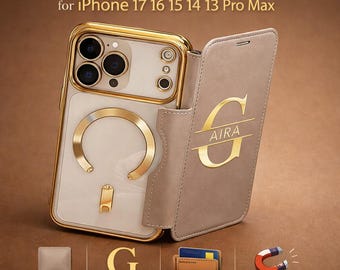 Personalized Luxury Faux Leather iPhone Flip Case | Custom Initial Big Letter Magnetic Wallet Cover