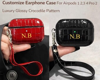 Personalized Golden Initial AirPods Case | Luxury Crocodile Glossy Earphone Cover | Custom Initial Gift