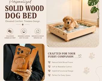Personalized Solid Wood Dog Bed | Elevated Pet Cot with Washable Cushion | Indoor Outdoor Dog House | Custom Pet Bed + Free Phone Case