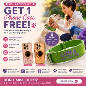 Pode incluir: Uma coleira de cachorro verde brilhante com o nome LUNA e o número de telefone 123-456-789 bordados em roxo. Duas capas de iPhone brilhantes em ouro rosa e ouro laranja são exibidas, cada uma com um anel circular e a palavra Darling.