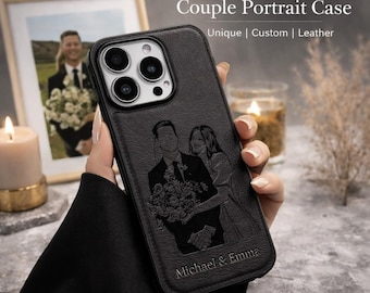 Custom Photo Sketch iPhone 17 Pro Max Case | Personalized Family Pet Portrait Engraved Faux Leather Cover