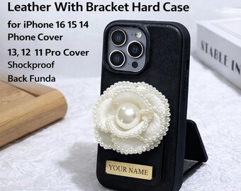 Personalized Name iPhone Case | 3D Pearl Flower Leather Cover with Stand